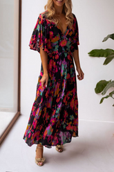 Maxikleid mit V-Ausschnitt und Fledermaus-Blumenmuster